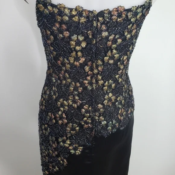 Menekshe black silk gown beaded appliqué formal - Picture 7 of 11